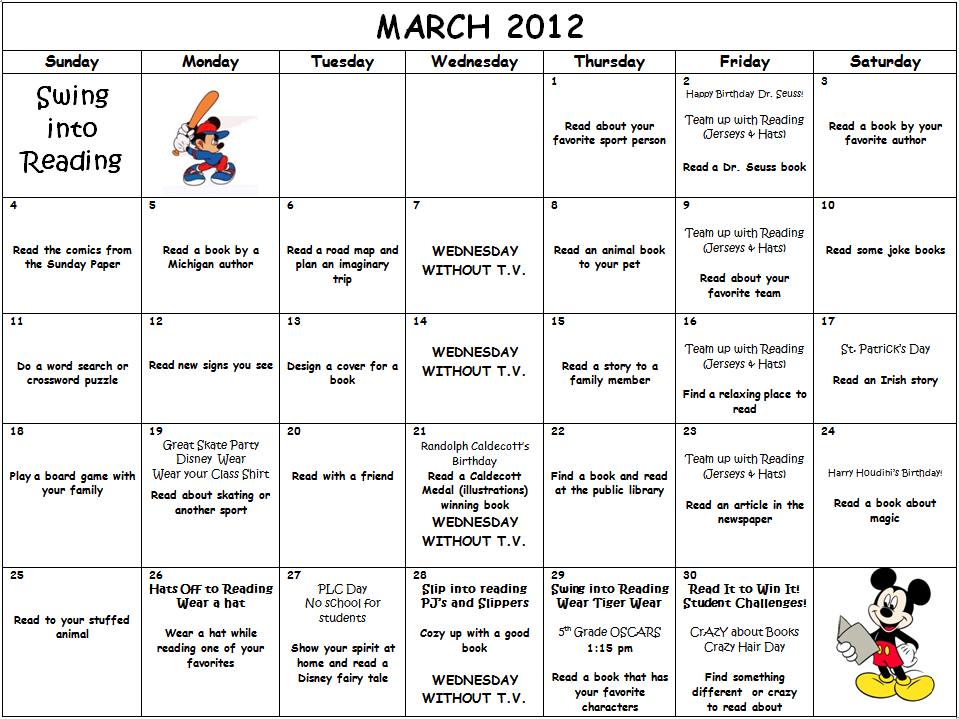 March is Reading Month Calendar Activities and reading suggestions